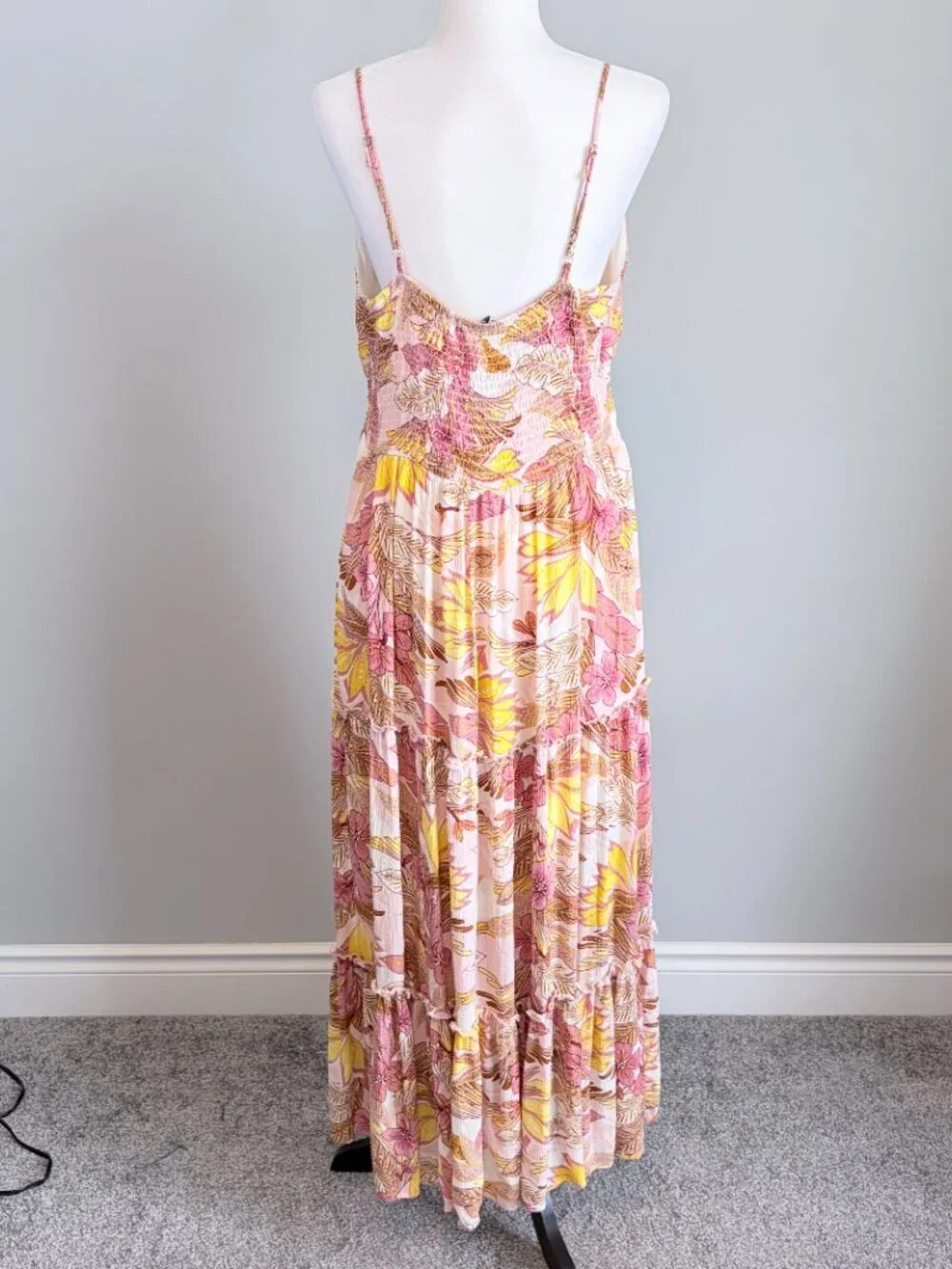 Tiered Maxi Dress Summer Flowy Costal Chic Gold Stitching Pink Yellow Size XXL - Picture 7 of 13